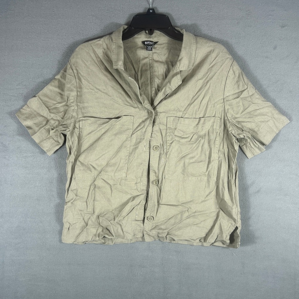 Buffalo Womens Shirt M Olive Green Solid Relaxed Short Sleeve Linen Blend Pocket
